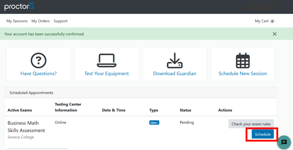 Screenshot of ProctorU schedule page and location of schedule button