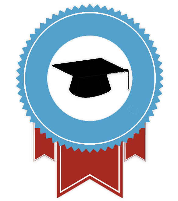 A blue and white badge with a graduation capDescription automatically generated