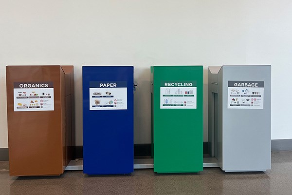 Seneca’s four waste and recycling bins – organics, paper, recycling and garbage. 