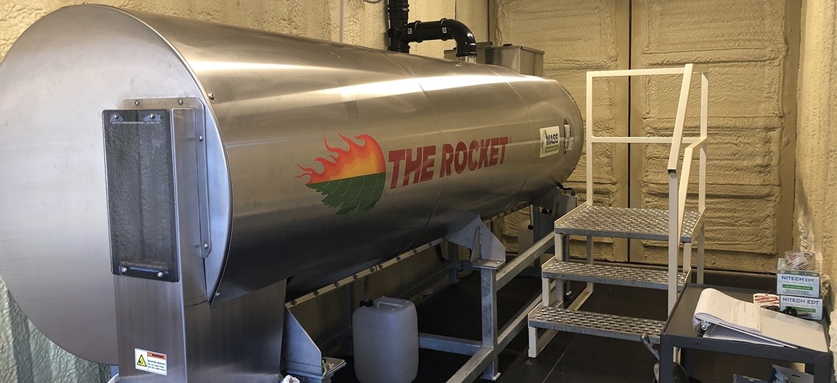 A silver in-vessel composter, nicknamed ‘The Rocket’, to help break down food waste.