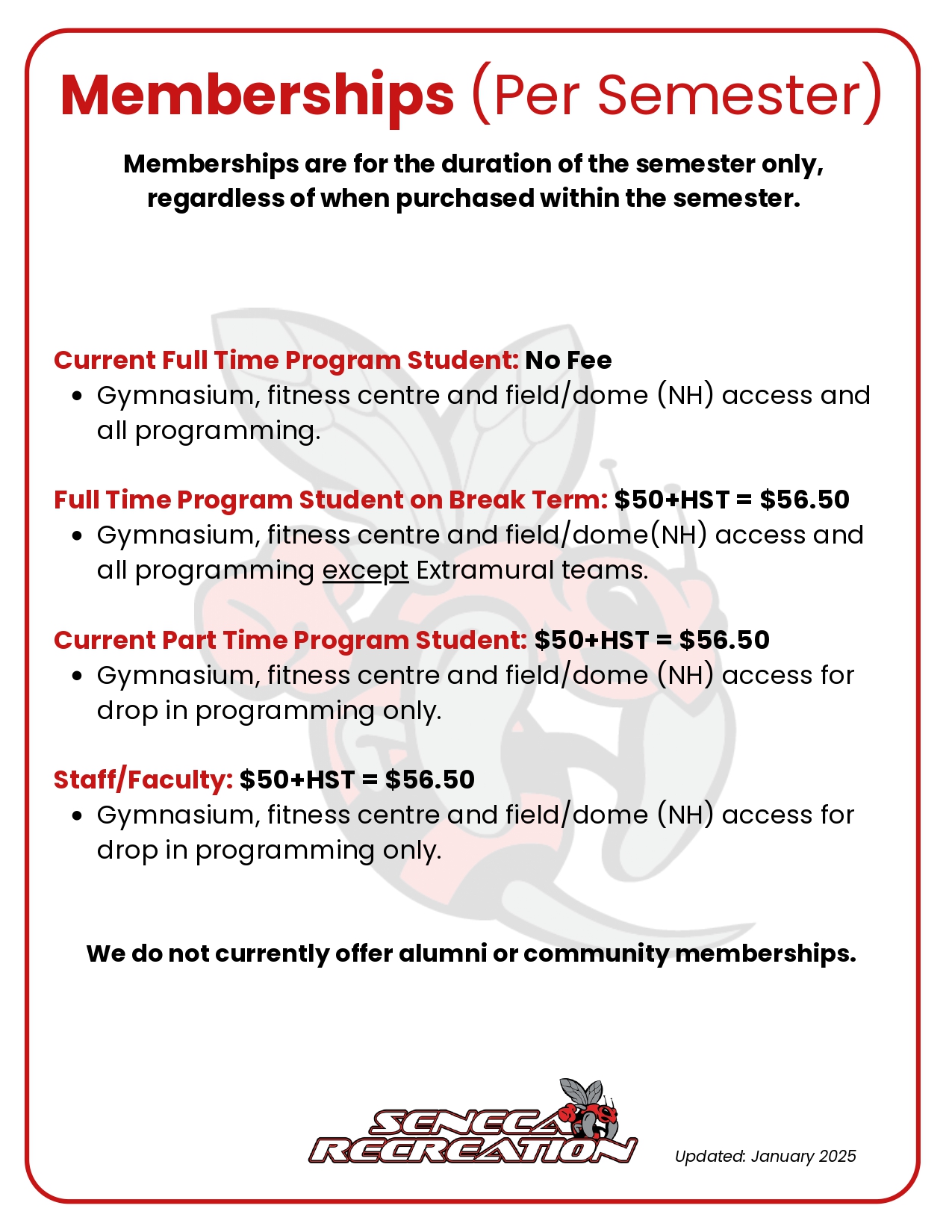 Membership (Per Semester) | Athletics & Recreation | Seneca Students