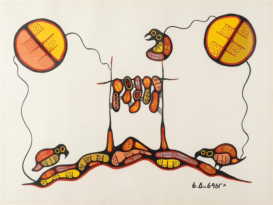 Goyce Kakegamic (1948 – 2021) was an Indigenous artist from Sandy Lake, a First Nation reserve, located in the northern regions of Ontario. Goyce and his brother Joshim started painting in their teens, influenced by their brother in law Norval Morrisseau and the Cree artist Carl Ray. In the 1970’s, the work of both Goyce and Joshim became more and more known through Canada where it was exhibited in several galleries and museums. 