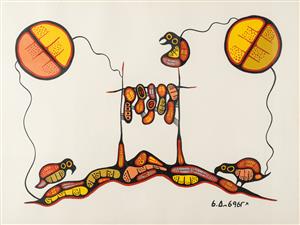 Goyce Kakegamic (1948 – 2021) was an Indigenous artist from Sandy Lake, a First Nation reserve, located in the northern regions of Ontario. Goyce and his brother Joshim started painting in their teens, influenced by their brother in law Norval Morrisseau and the Cree artist Carl Ray. In the 1970’s, the work of both Goyce and Joshim became more and more known through Canada where it was exhibited in several galleries and museums. 