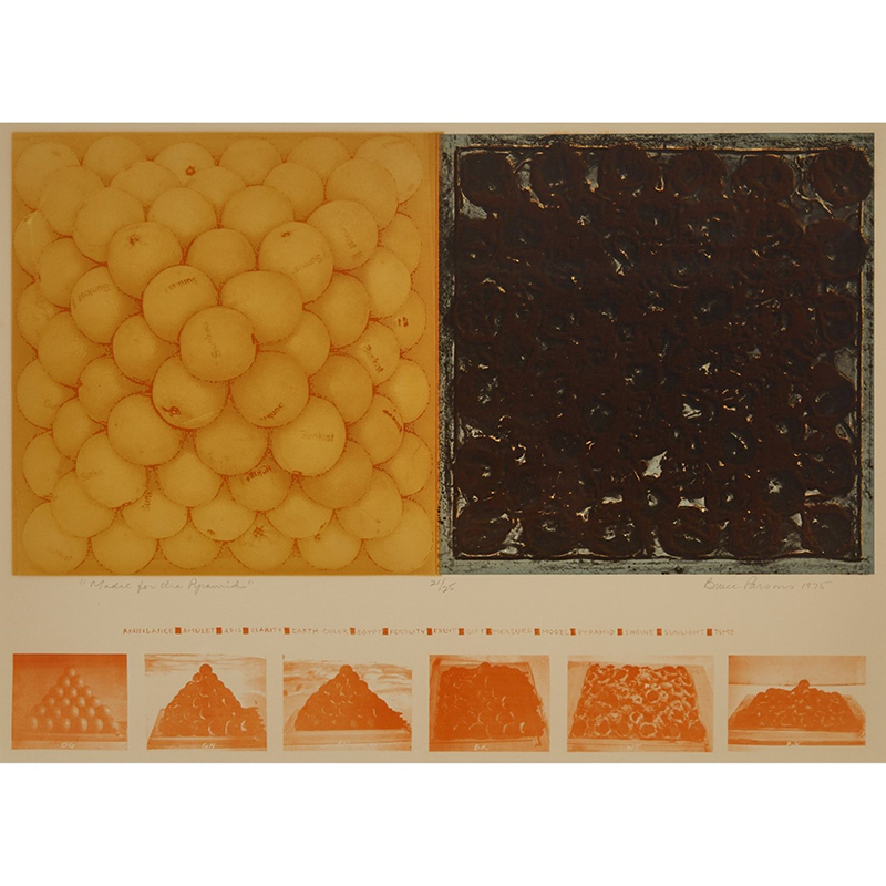 Model for Pyramids is based on an installation piece that consisted of a pyramid of fresh oranges and the remains of a decayed pyramid of the same fruit, Parsons juxtaposed a large colour photographic image of each pile side by side. Employing natural colour, each state was photographed from above to emphasize the symmetry of the arrangement. Along the lower edge of the page, a sequence of six smaller monochromatic views of the orange pyramid illustrates the process of decay. In Model, documentation becomes a work of art in its own right in the same way as do Christo’s and Jean-Claude’s photographs and drawings of their large, public, environmental installations.